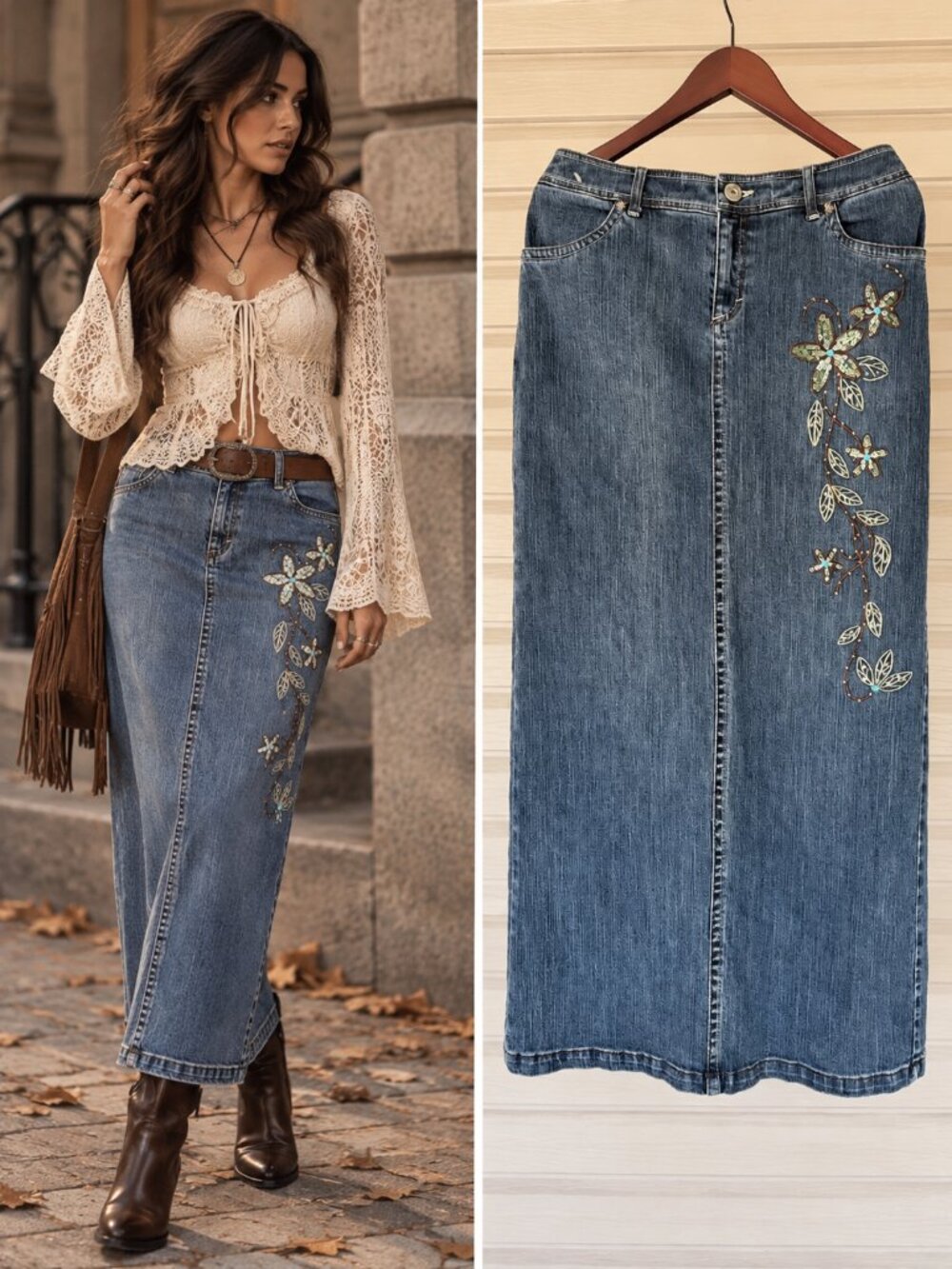 Point Zero Nicole Benisti Denim Floral Embellished Long Skirt Straight Y2K 11